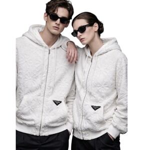 Authentic Prada White Spugna Terrycloth Floral Jacquard Zip Up Unisex Hoodie XL